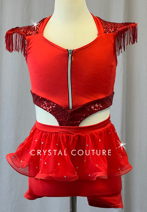 Red Connected Zip Front Biketard with Padded Shoulders Skirt - Rhinestones