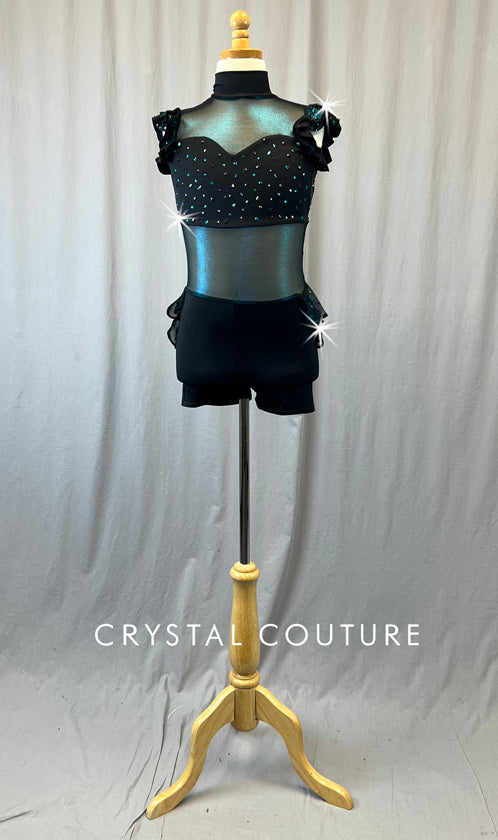 Black Biketard with Blue Shimmer Mesh - Rhinestones