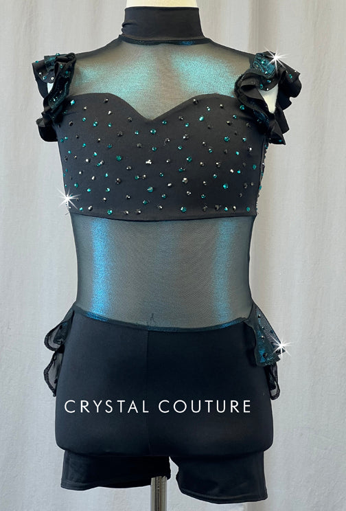 Black Biketard with Blue Shimmer Mesh - Rhinestones