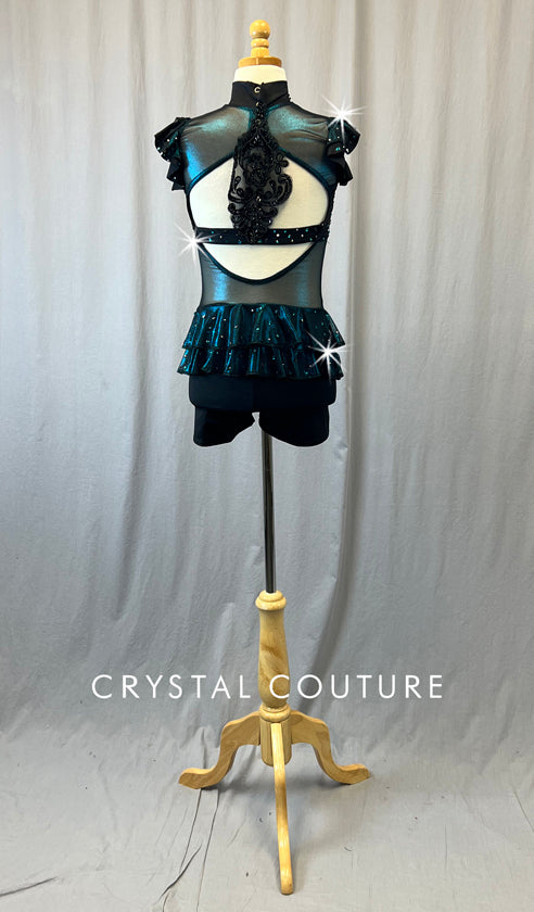 Black Biketard with Blue Shimmer Mesh - Rhinestones