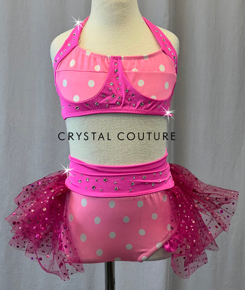 Pink Polka Dot Two Piece with Tulle Half Skirt - Rhinestones