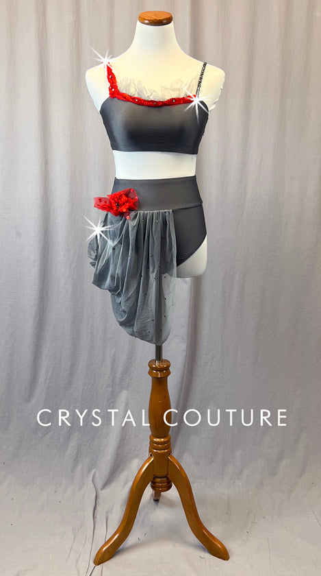 Dark Gray Lycra Two Piece with Red Accents & Side Bustle - Rhinestones