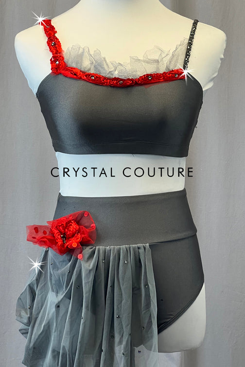 Dark Gray Lycra Two Piece with Red Accents & Side Bustle - Rhinestones