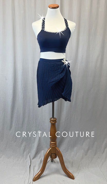 Navy Blue Top with Micro Pleated Skirt - Rhinestones