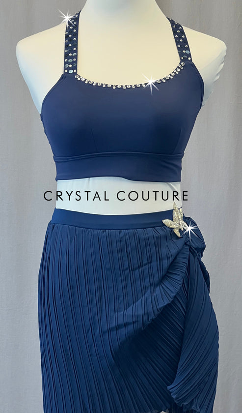 Navy Blue Top with Micro Pleated Skirt - Rhinestones