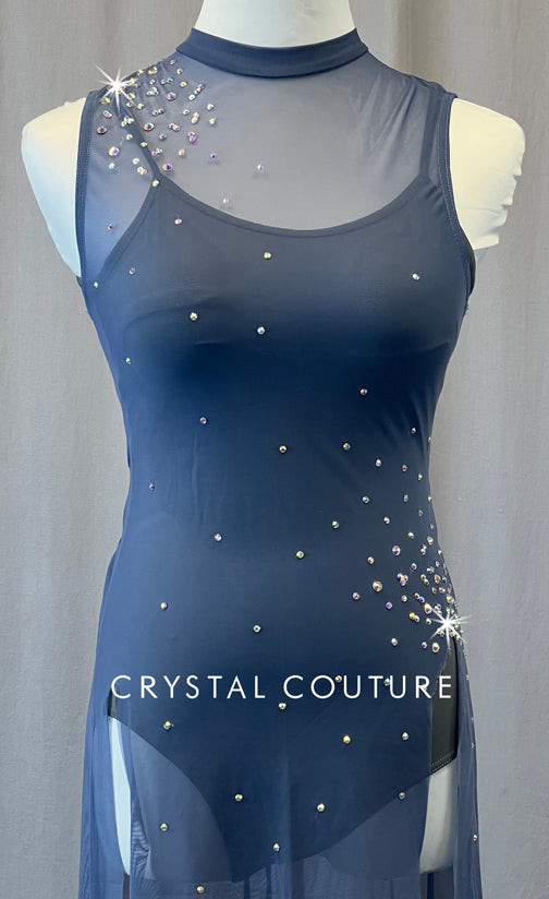 Slate Blue High Neck Mesh Overlay with Gray leotard- Rhinestones