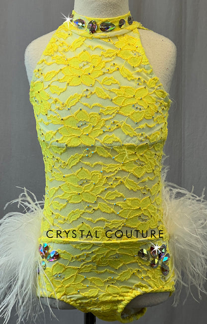 Custom Yellow Lace Leotard with Ostrich Feather Bustle - Rhinestones