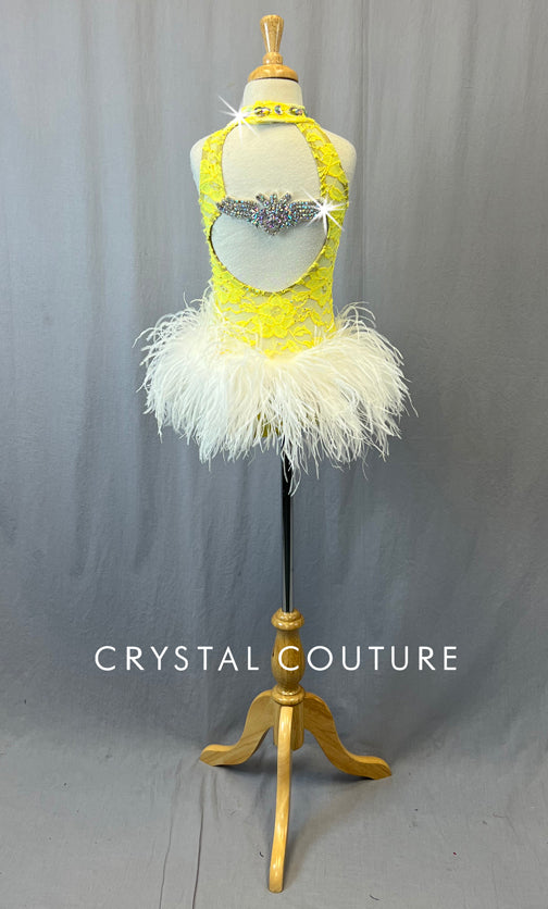 Custom Yellow Lace Leotard with Ostrich Feather Bustle - Rhinestones