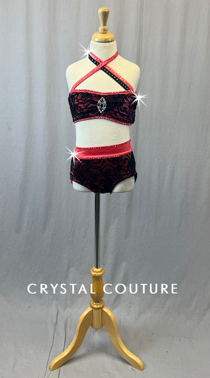 Custom Black & Coral Lace Two Piece with Strappy Back - Rhinestones