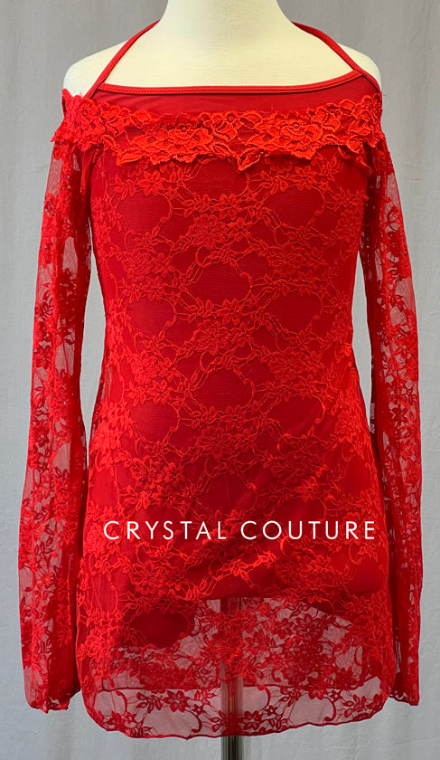 Red Lace Flare Sleeve Overlay Dress