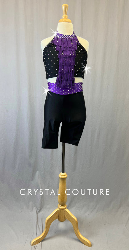 Black & Purple Connected Two Piece with Fringe - Rhinestones