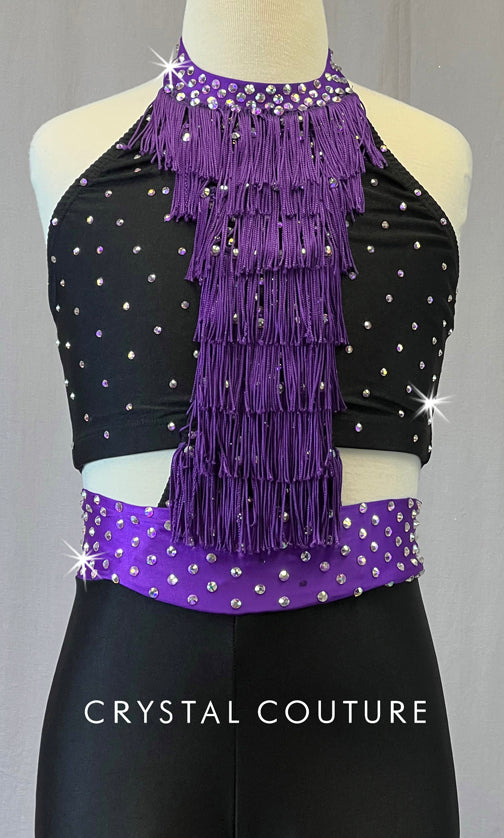 Black & Purple Connected Two Piece with Fringe - Rhinestones