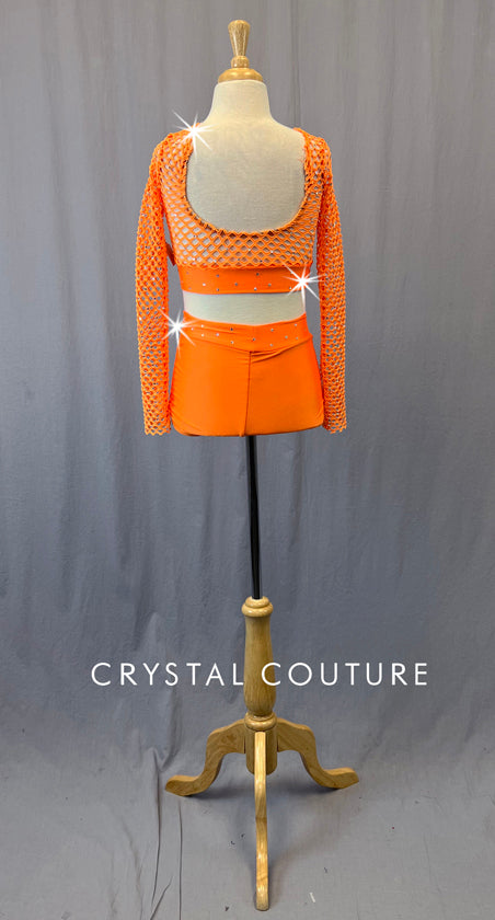 Neon Orange Netted Two Piece with Rhinestones