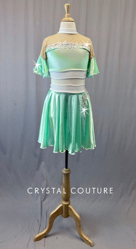 Silky Mint Two Piece with Flutter Sleeves and Circle Skirt - Rhinestones