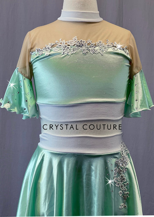 Silky Mint Two Piece with Flutter Sleeves and Circle Skirt - Rhinestones