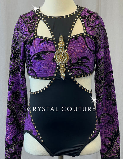 Black and Purple Connected Two Piece with Gold Details - Rhinestones