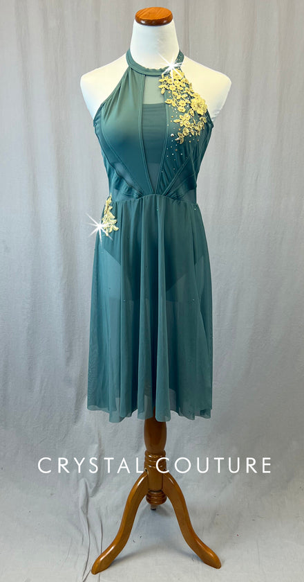 Sage Green Dress with Mesh Cutouts and Mid Length Skirt - Appliques and Rhinestones