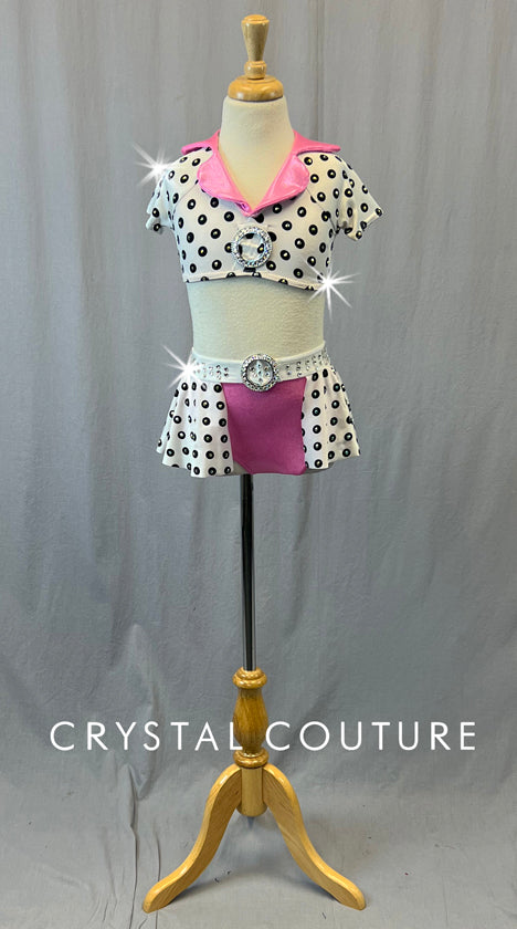 Black and White Polka Dot Collared Top with Half Skirt - Rhinestones