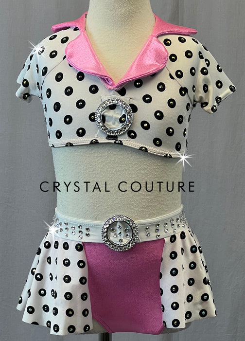 Black and White Polka Dot Collared Top with Half Skirt - Rhinestones