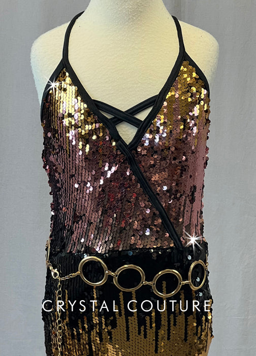 Pink, Black, and Gold Sequin Jumpsuit with Gold Hoop Belt