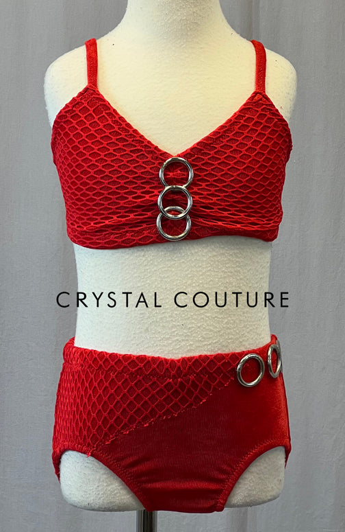 Custom Red Two Piece with Silver Hoops & Wide Netting