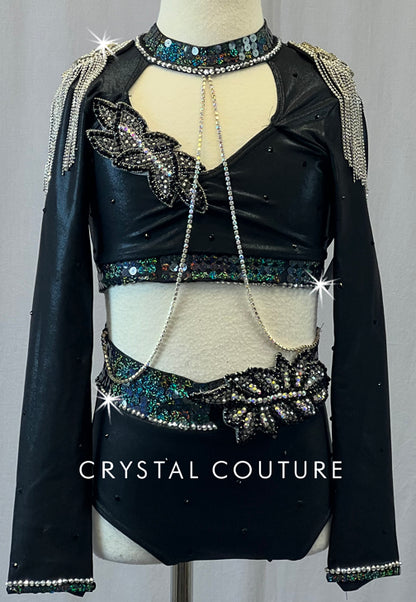 Black Two Piece with Chain Mail Epaulettes and Flare Sleeves