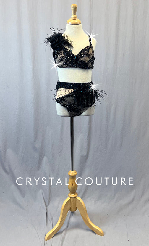 Custom Black Lace Two Piece with Strappy Back and Feathers - Rhinestones