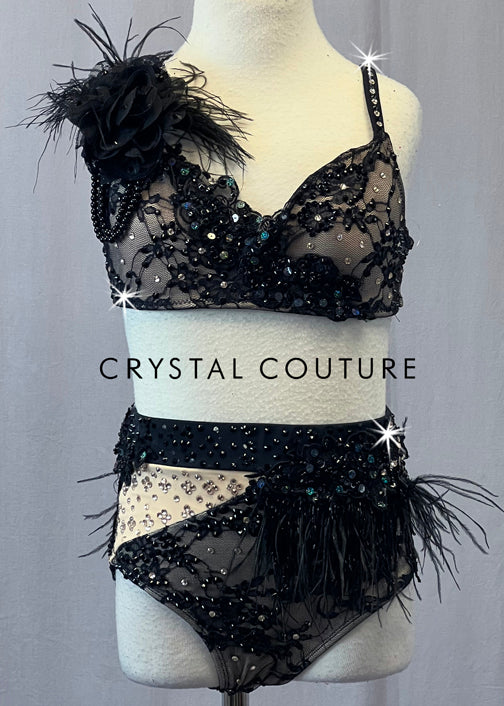 Custom Black Lace Two Piece with Strappy Back and Feathers - Rhinestones