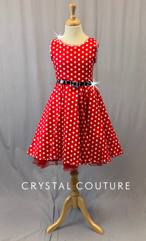 Red Polka Dot A Line Dress with Belt and Rhinestones