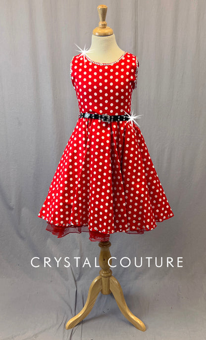 Red Polka Dot A-Line Dress with Belt - Rhinestones