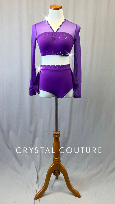 Custom Purple Long Sleeve Two Piece with Back Skirt - Rhinestones