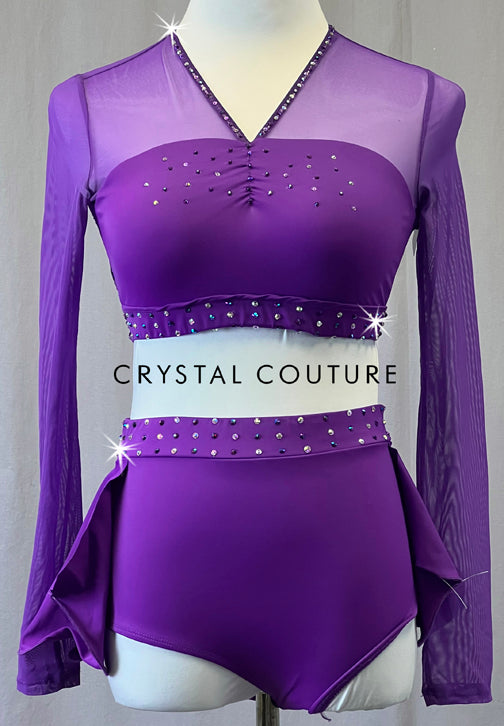 Custom Purple Long Sleeve Two Piece with Back Skirt - Rhinestones