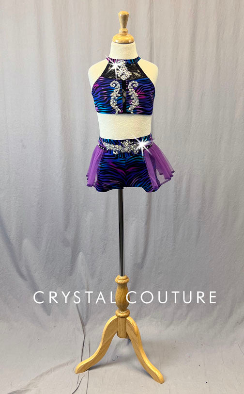 Custom Blue, Purple, & Pink Zebra Print Two Piece with Tulle Pleated Skirt - Rhinestones