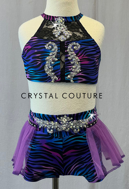 Custom Blue, Purple, and Pink Zebra Print Two Piece with Tulle Pleated Skirt - Rhinestones