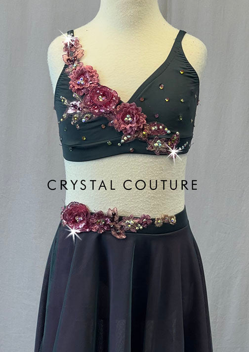 Custom Grey Green Two Piece with Asymmetrical Mesh Skirt and Pink Appliques - Rhinestones