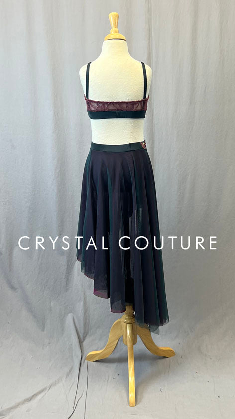 Custom Grey Green Two Piece with Asymmetrical Mesh Skirt and Pink Appliques - Rhinestones