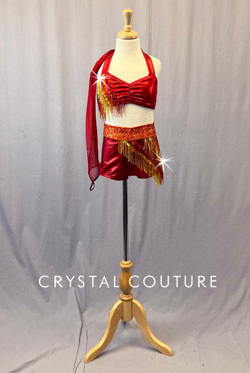 Red, Orange, and Yellow Asymmetrical Two Piece with Beaded Fringe