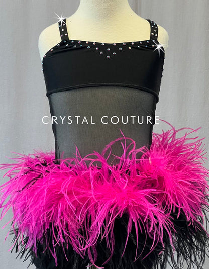 Custom Black Mesh Leotard with Pink Feather Skirt - Rhinestones