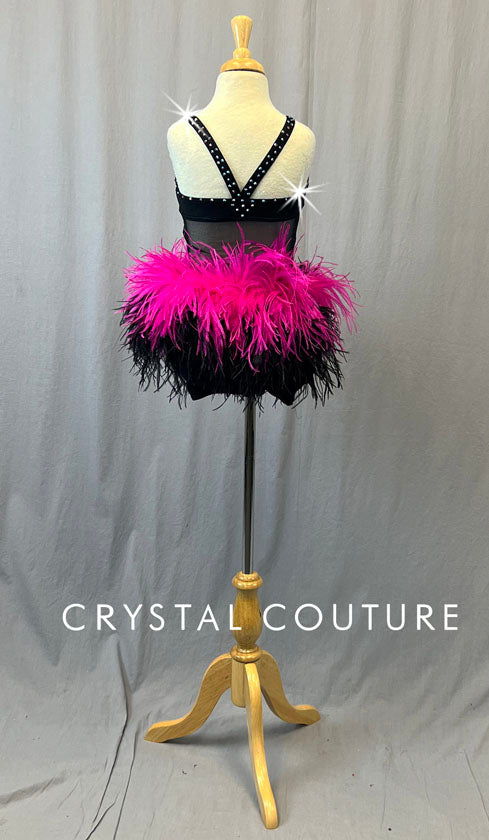 Custom Black Mesh Leotard with Pink Feather Skirt - Rhinestones
