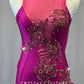 Custom Magenta Mock Neck Leotard with Appliques and Mesh Back Drape - Rhinestones