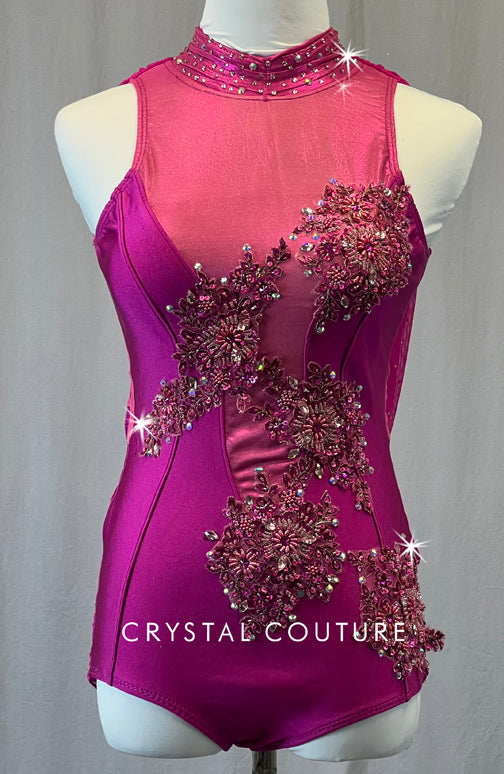 Custom Magenta Mock Neck Leotard with Appliques and Mesh Back Drape - Rhinestones