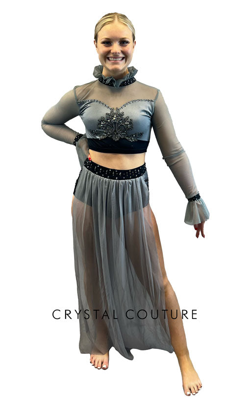 Grey & Black Two Piece With Attached Skirt - Rhinestones