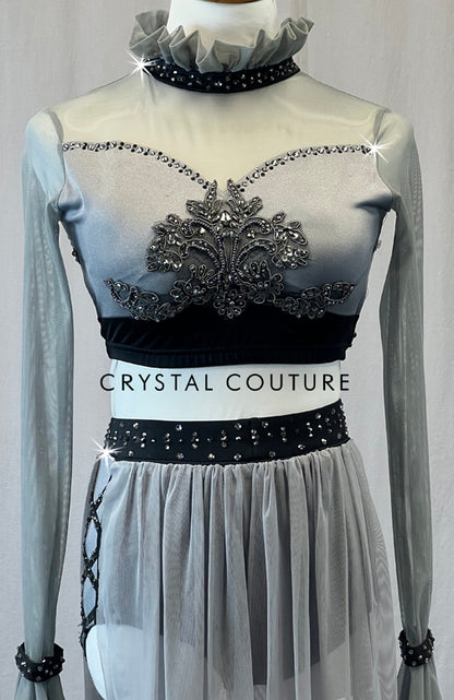 Grey and Black Two Piece With Attached Skirt and Ruffle Collar - Rhinestones
