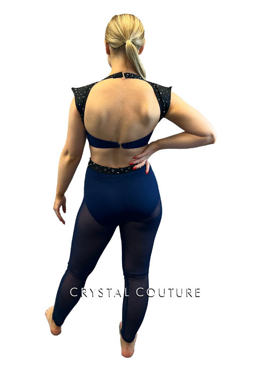 Navy Blue and Black Connected Two Piece with Mesh Leggings - Rhinestones