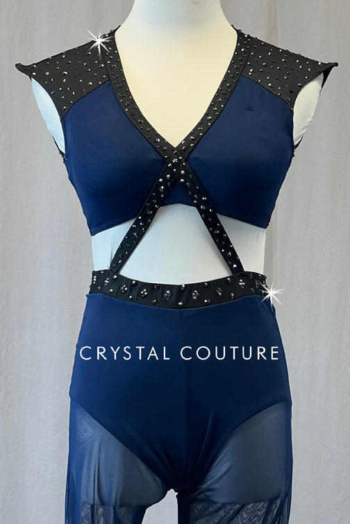 Navy Blue & Black Connected Two Piece with Mesh Leggings - Rhinestones