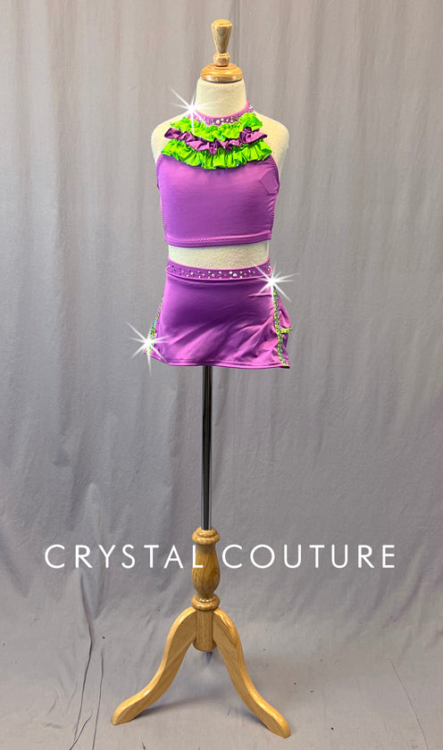 Purple & Lime Green Two Piece with Ruffles - Rhinestones