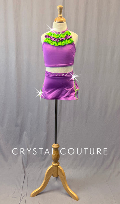 Purple & Lime Green Two Piece with Ruffles - Rhinestones