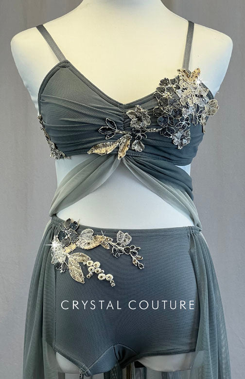 Custom Grey Connected Two Piece with Back Skirt - Appliques & Rhinestones