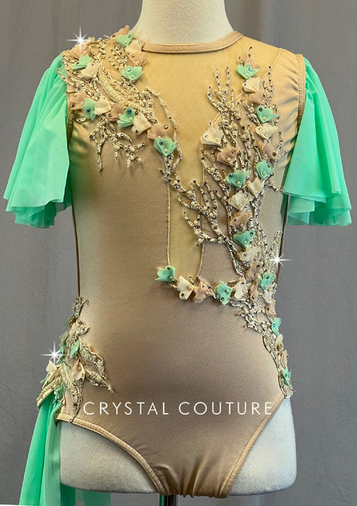 Custom Nude Leotard with Mint Flutter Sleeves and Side Bustle - Rhinestones and Appliques