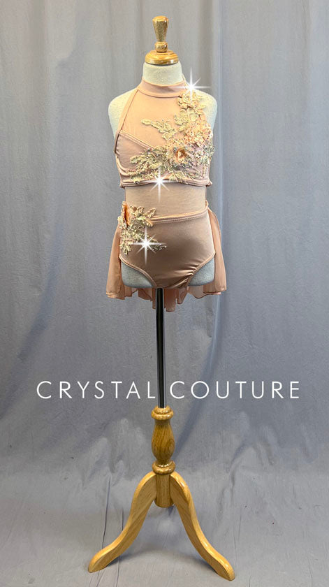 Custom Peach Strappy Back Leotard with Back Skirt and Appliques - Rhinestones